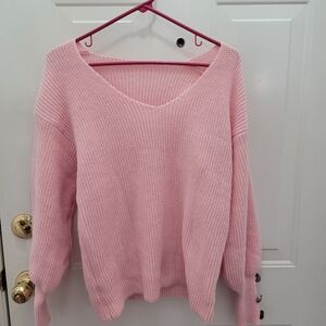 NWOT Pink Large V Neck Sweater  Soft Medium -Stretch Ribbed Texture. Casual.